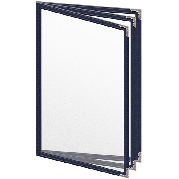 A blue H. Risch, Inc. menu cover with silver corners and a matte finish.