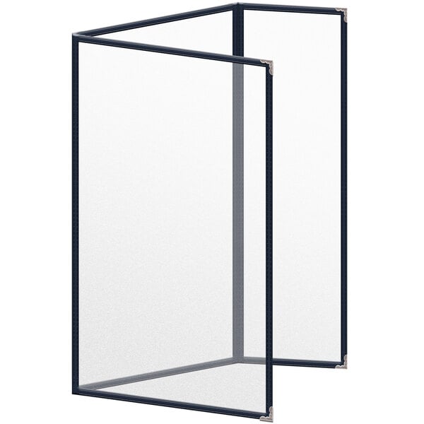 A white rectangular menu cover with a metal frame.
