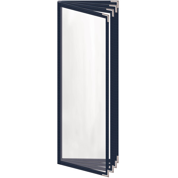 A rectangular blue menu cover with silver corners and a glossy finish with white interior.