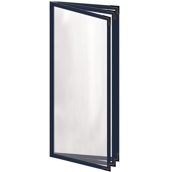 A close-up of a blue H. Risch, Inc. menu cover with black corners and a gloss finish.