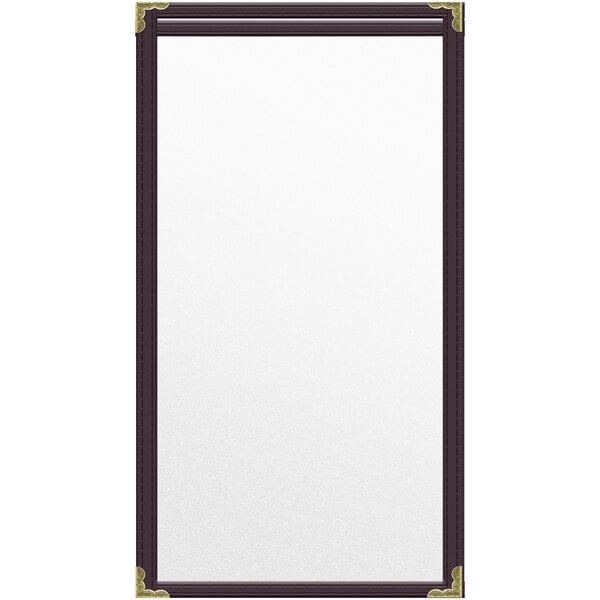 A rectangular brown vinyl menu cover with gold corners.