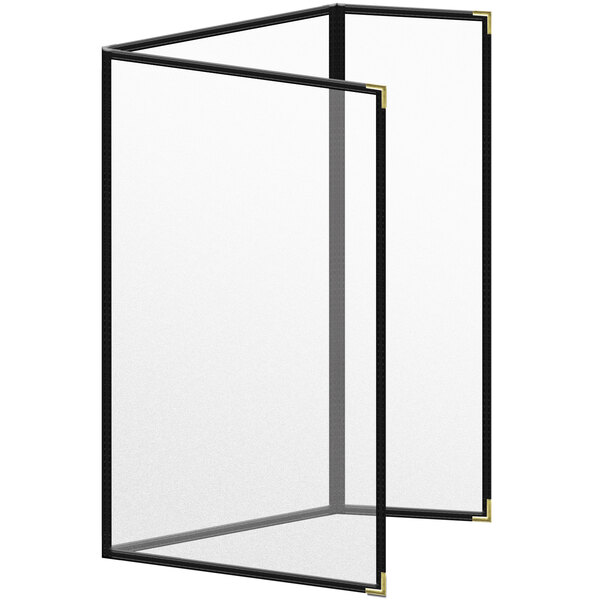 A black rectangular menu cover with gold corners and a matte finish.