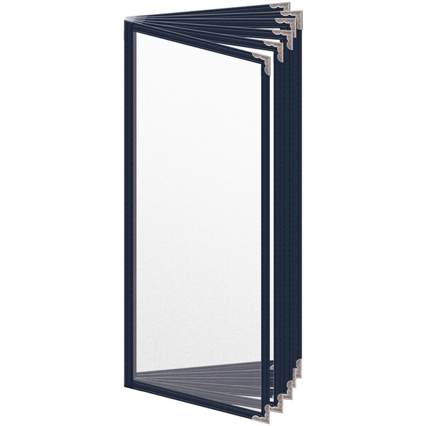 A blue H. Risch, Inc. menu cover with silver decorative corners and a matte finish.