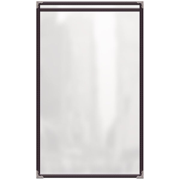 A white rectangular menu cover with black decorative corners.