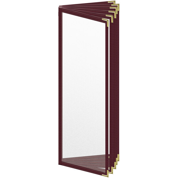 A maroon vinyl menu cover with gold corners and a matte finish.