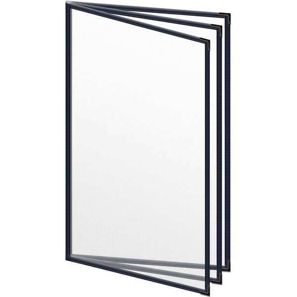 A blue vinyl menu cover with black smooth corners and a matte finish with white paper inside with black borders.