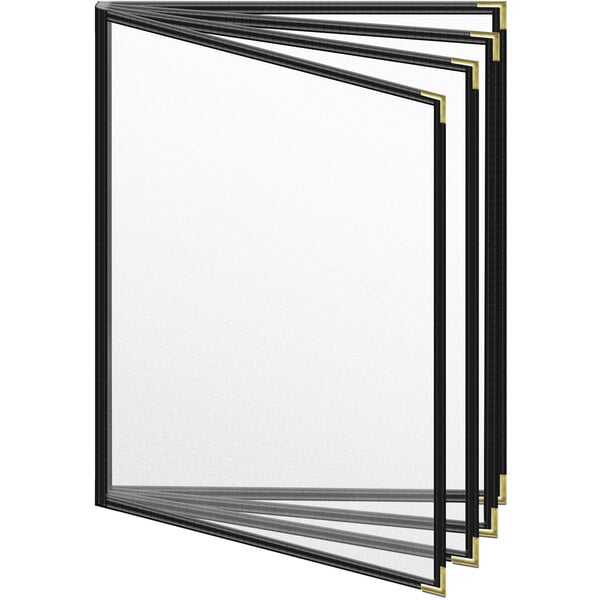 A stack of black and white menus in a black TEDD menu cover with gold corners.