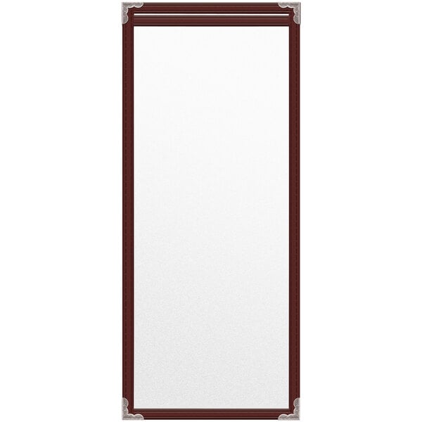 A rectangular maroon vinyl menu cover with silver decorative corners and a matte finish.