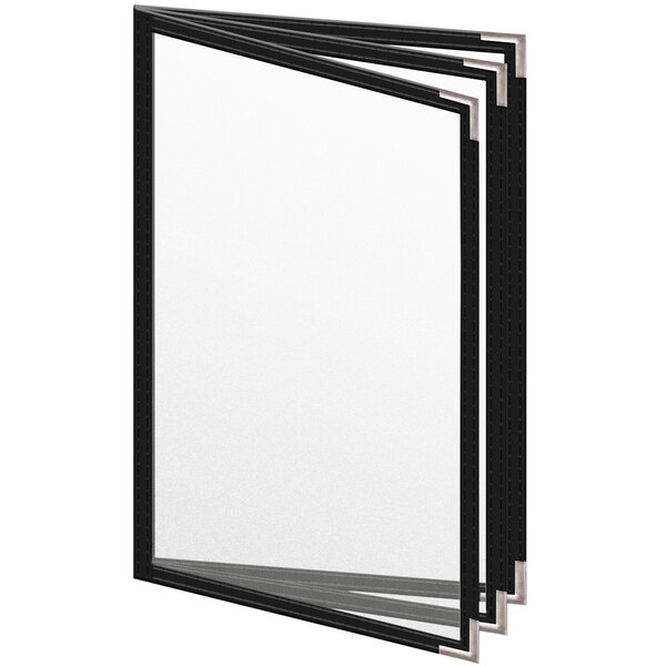 A black vinyl menu cover with silver smooth corners and a white border.