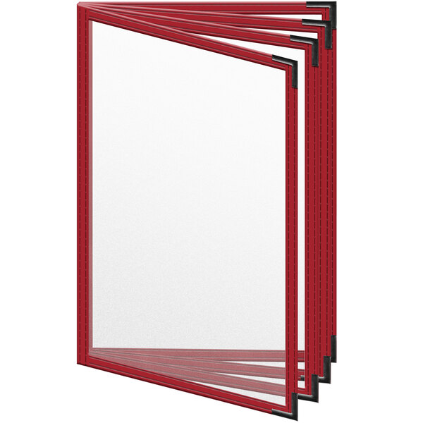 A red H. Risch, Inc. menu cover with black smooth corners and a matte finish holding white menu pages.