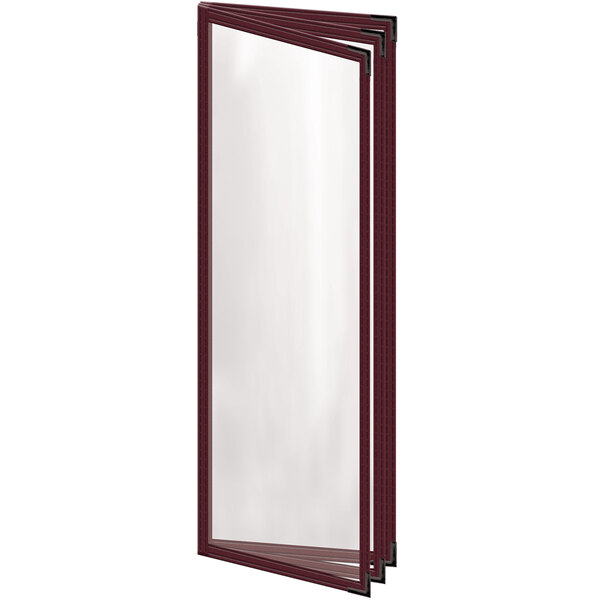 A maroon vinyl menu cover with black smooth corners and a gloss finish.