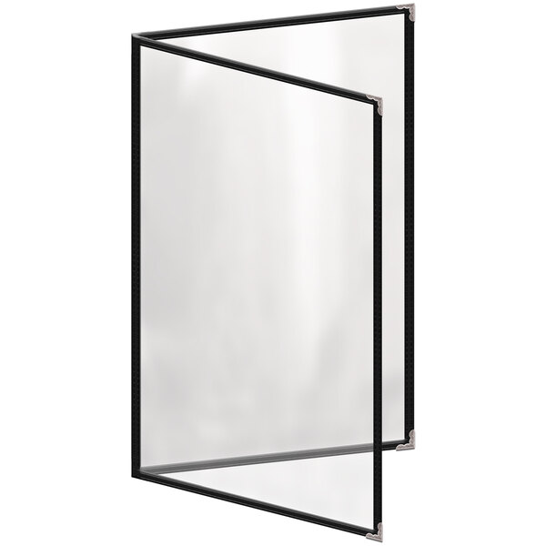 A black rectangular menu cover with silver decorative corners and a gloss finish.