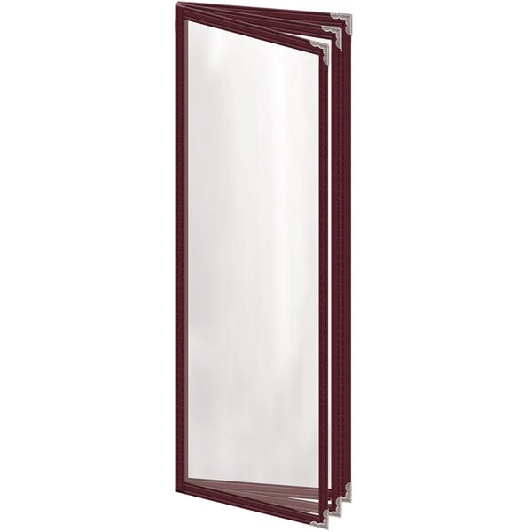A rectangular maroon vinyl menu cover with silver corners and a glossy finish.