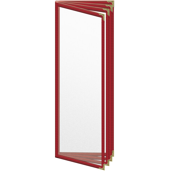A white rectangular menu cover with a red rectangular window and gold corners.