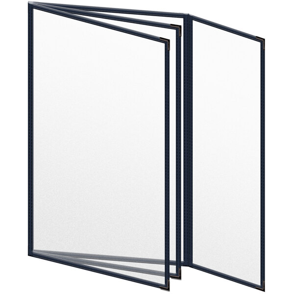 A blue H. Risch, Inc. menu cover with black smooth corners and a metal bar on the side with a white paper menu inside