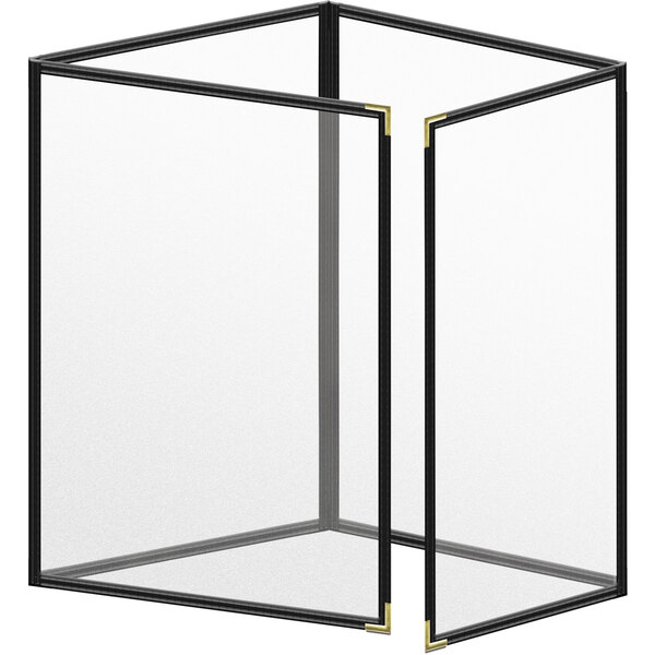 A black rectangular menu cover with black edges and gold corners.
