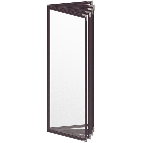 A white rectangular menu cover with black decorative corners.
