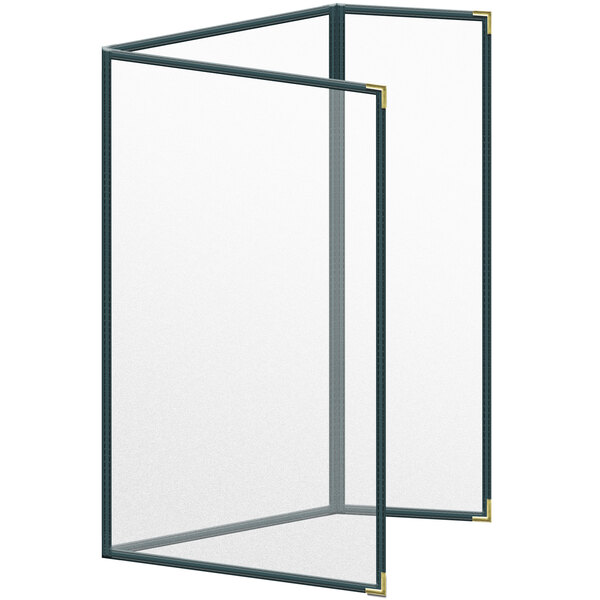 A white rectangular menu cover with black lines on a white background.