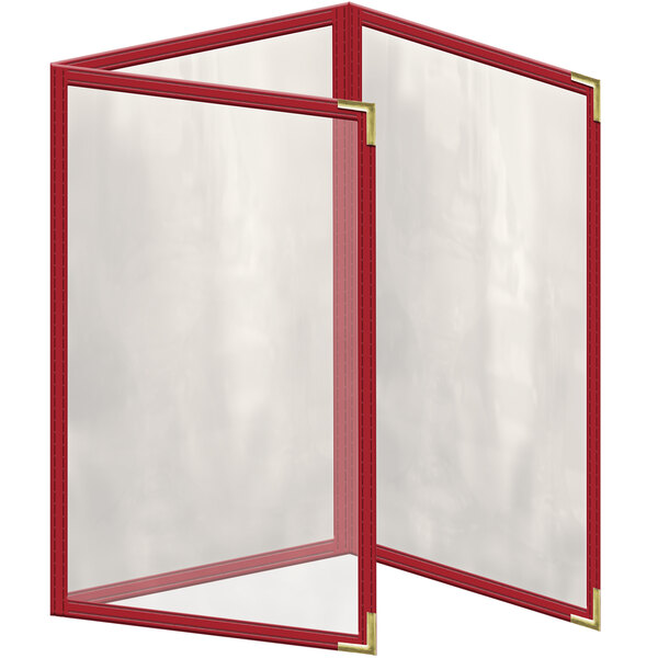 A red vinyl menu cover with gold smooth corners and clear view foldouts.