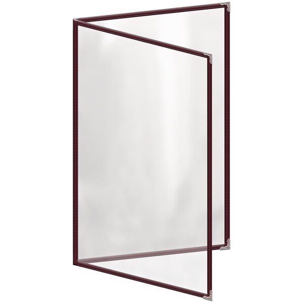A rectangular maroon menu cover with silver decorative corners.