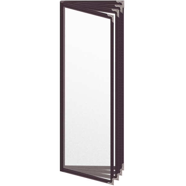 A rectangular black menu cover with silver decorative corners.