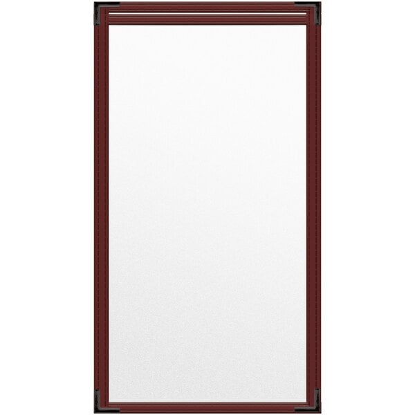 A maroon vinyl menu cover with black smooth corners and a matte finish.