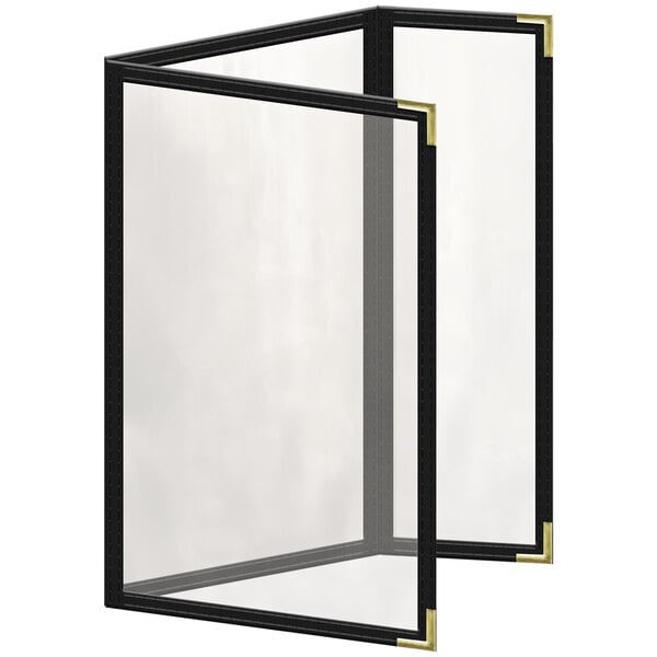 A black menu cover with gold corners and a glossy finish with a black and gold frame around a glass window.
