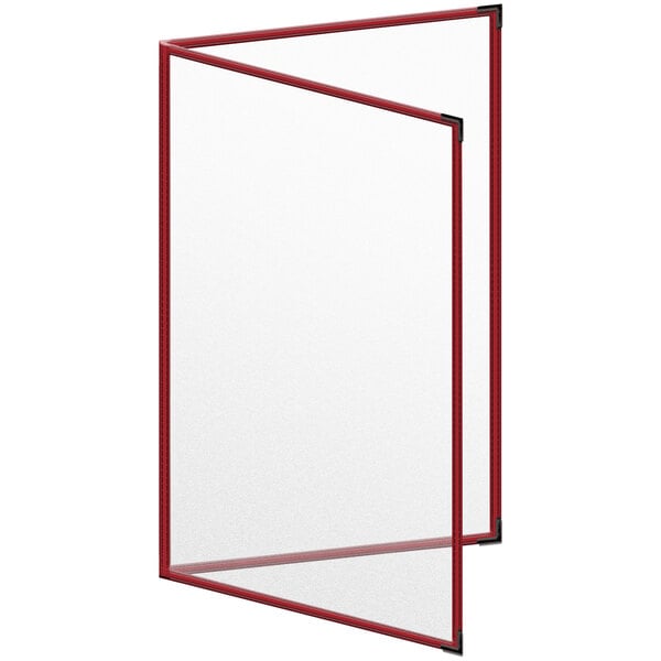 A red rectangular menu cover with black smooth corners and a matte finish.