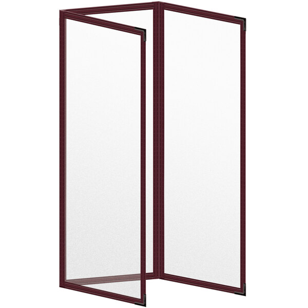 A white rectangular menu cover with a maroon border.