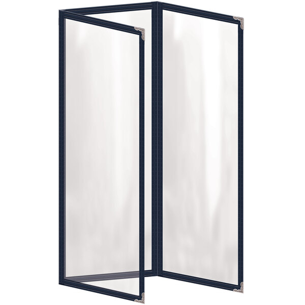 A blue rectangular vinyl menu cover with silver corners and a glossy finish.