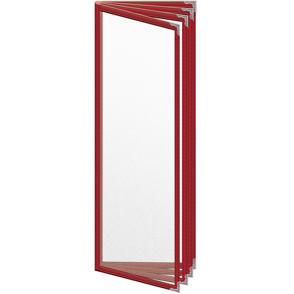 A red rectangular H. Risch, Inc. menu cover with silver corners and a matte finish.