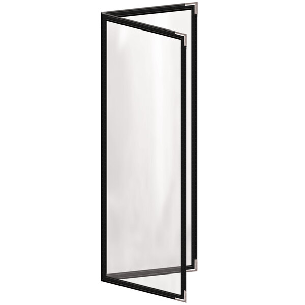 A black rectangular menu cover with silver corners and a gloss finish.