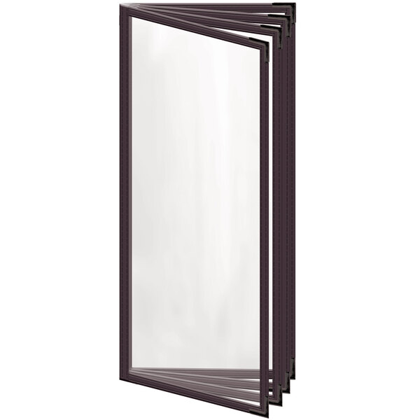 A rectangular brown menu cover with black corners and a glossy finish.
