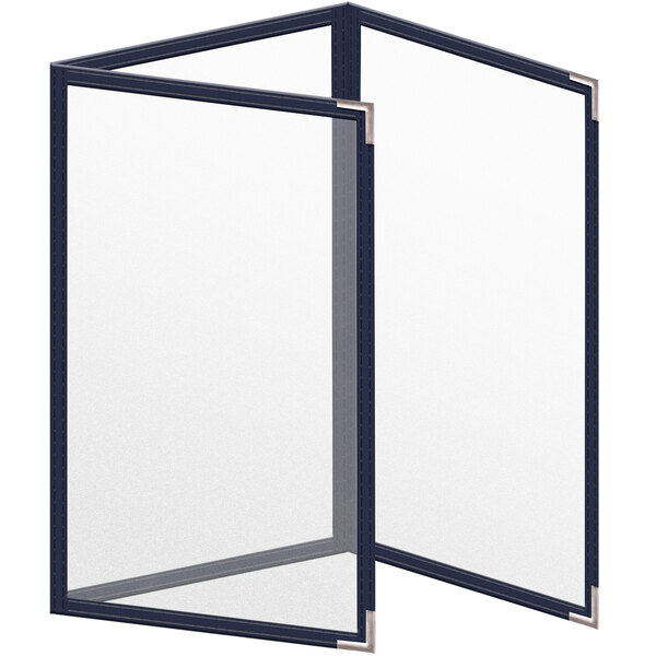 A blue rectangular vinyl menu cover with silver corners and a matte finish.