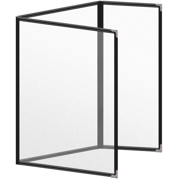 A white rectangular menu cover with black edges and silver corners.