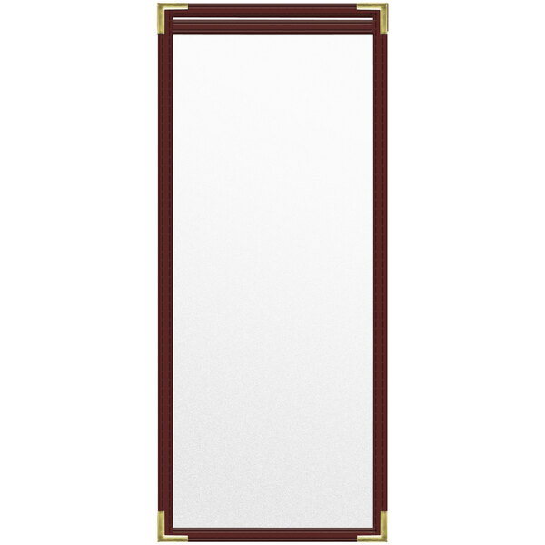 A rectangular maroon menu cover with a white surface and gold corners.