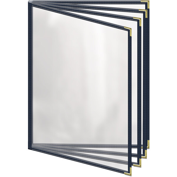 A stack of blue menu covers with gold corners and a clear cover on top.