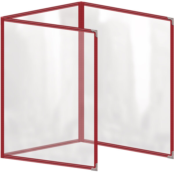 A red rectangular menu cover with clear corners and silver decorative corners.
