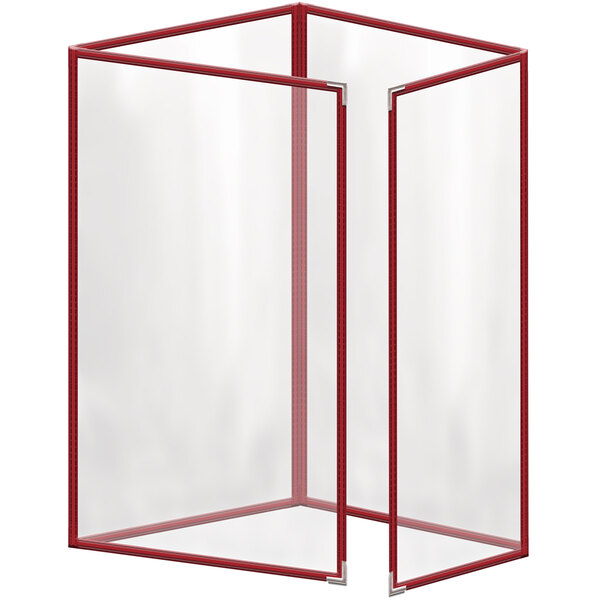 A red rectangular vinyl menu cover with silver corners and a glossy finish.