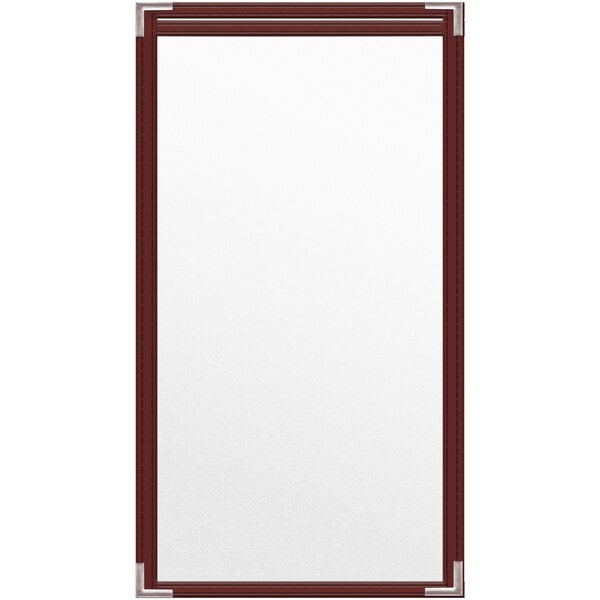 A maroon rectangular vinyl menu cover with black trim.