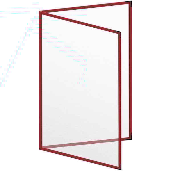 A white menu cover with red stitching.