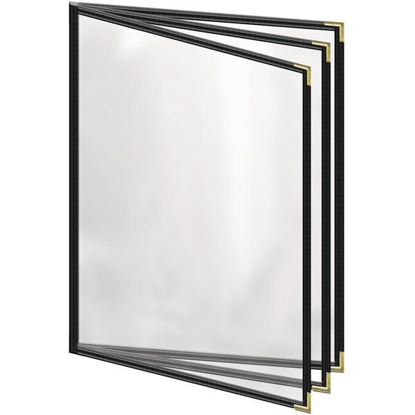 A group of black and gold H. Risch, Inc. TETB deluxe sewn menu covers with a white background.