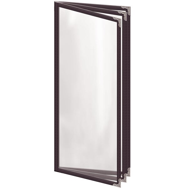 A brown rectangular menu cover with silver decorative corners.