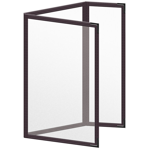 A brown rectangular menu cover with black corners and a matte finish.