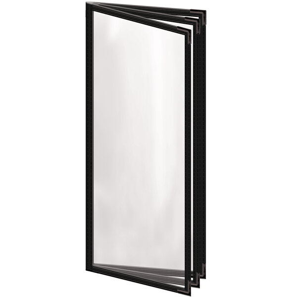 A black rectangular menu cover with silver corners and a gloss finish with white stitching.