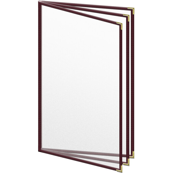 A maroon vinyl menu cover with gold corners and trim.