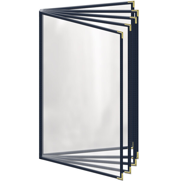 A blue H. Risch, Inc. vinyl menu cover with gold smooth corners and a gloss finish with 10 views.