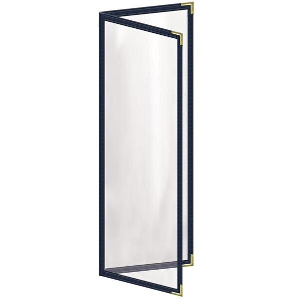 A blue rectangular menu cover with gold trim and black corners.