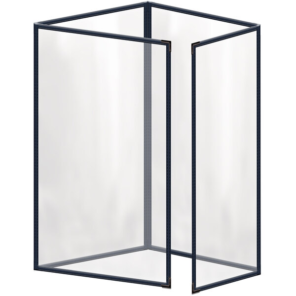 A white rectangular menu cover with black lines on the corners and edges.