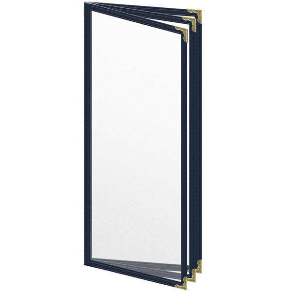 A white rectangular menu cover with a blue border and gold decorative corners.